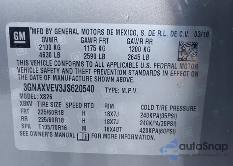 2018 Chevrolet Equinox Premier z USA, uszkodzony, nr VIN 3GNAXVEV3JS620540
